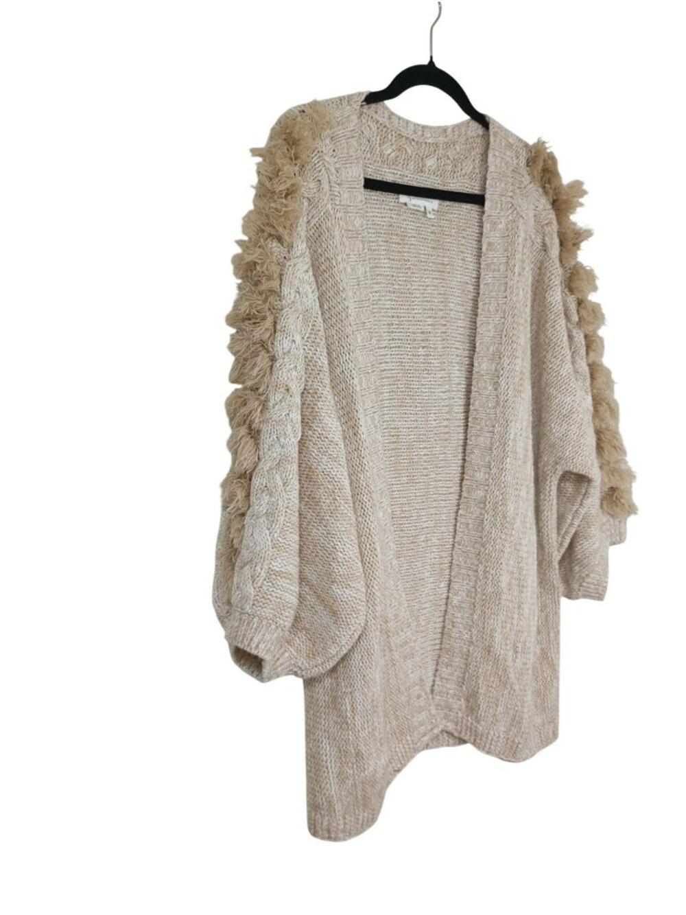 Anthropologie Chunky Knit Fringe Sleeve Open Front Cardigan One Size Beige/Tan - Picture 9 of 12